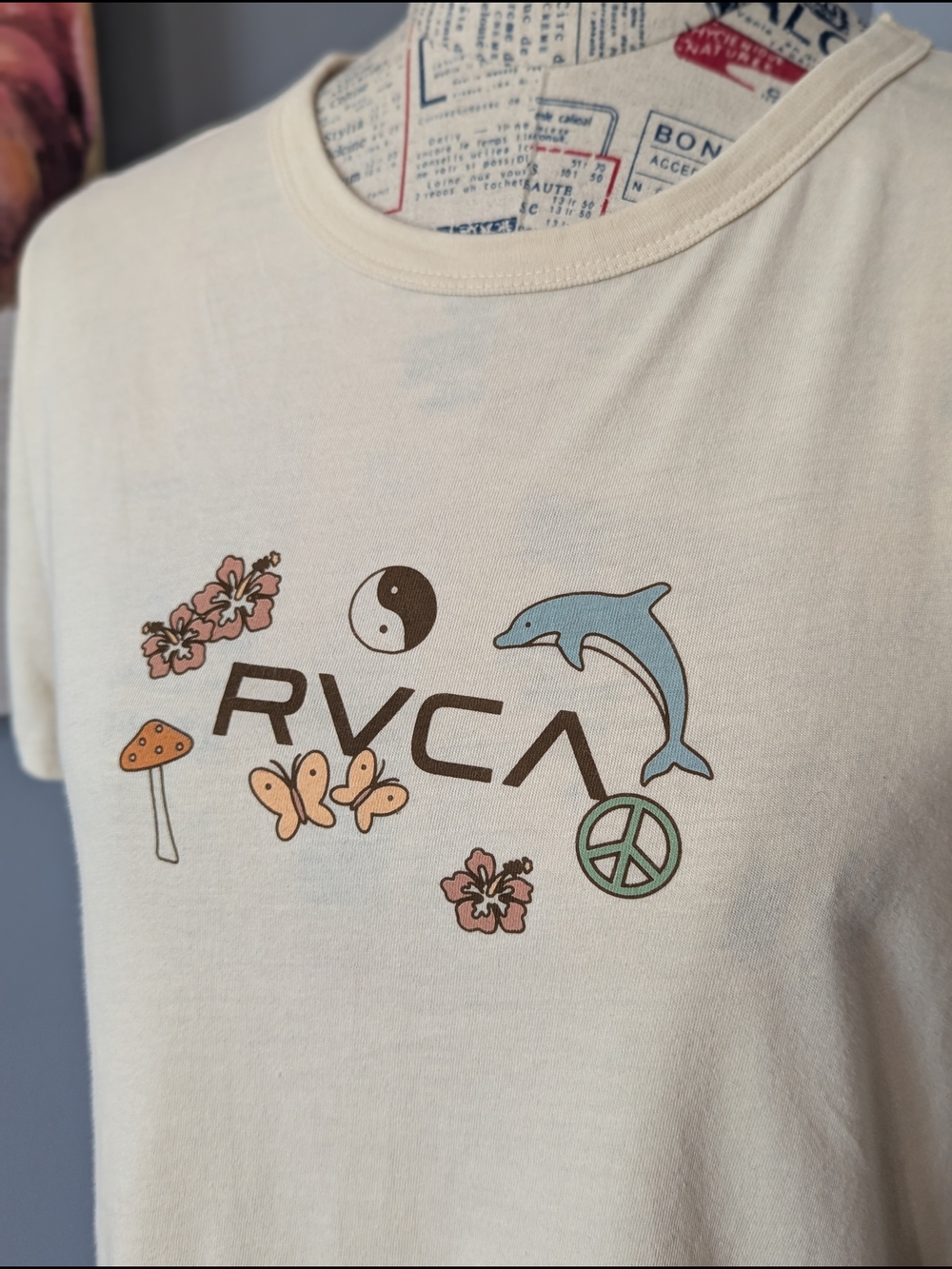 RVCA Cream Tee with Dolphin, Peace Sign & Floral Motifs